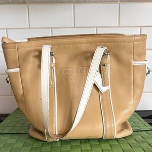 Vintage Coach Tan Leather Tote with White Trim and Straps